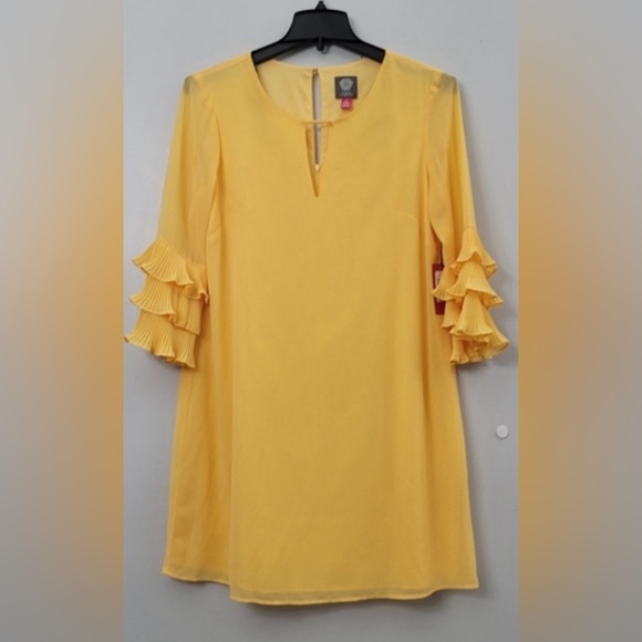 Vince Camuto Women's Chiffon Float Shift Yellow Dress with Pleated Sleeves - Picture 1 of 1